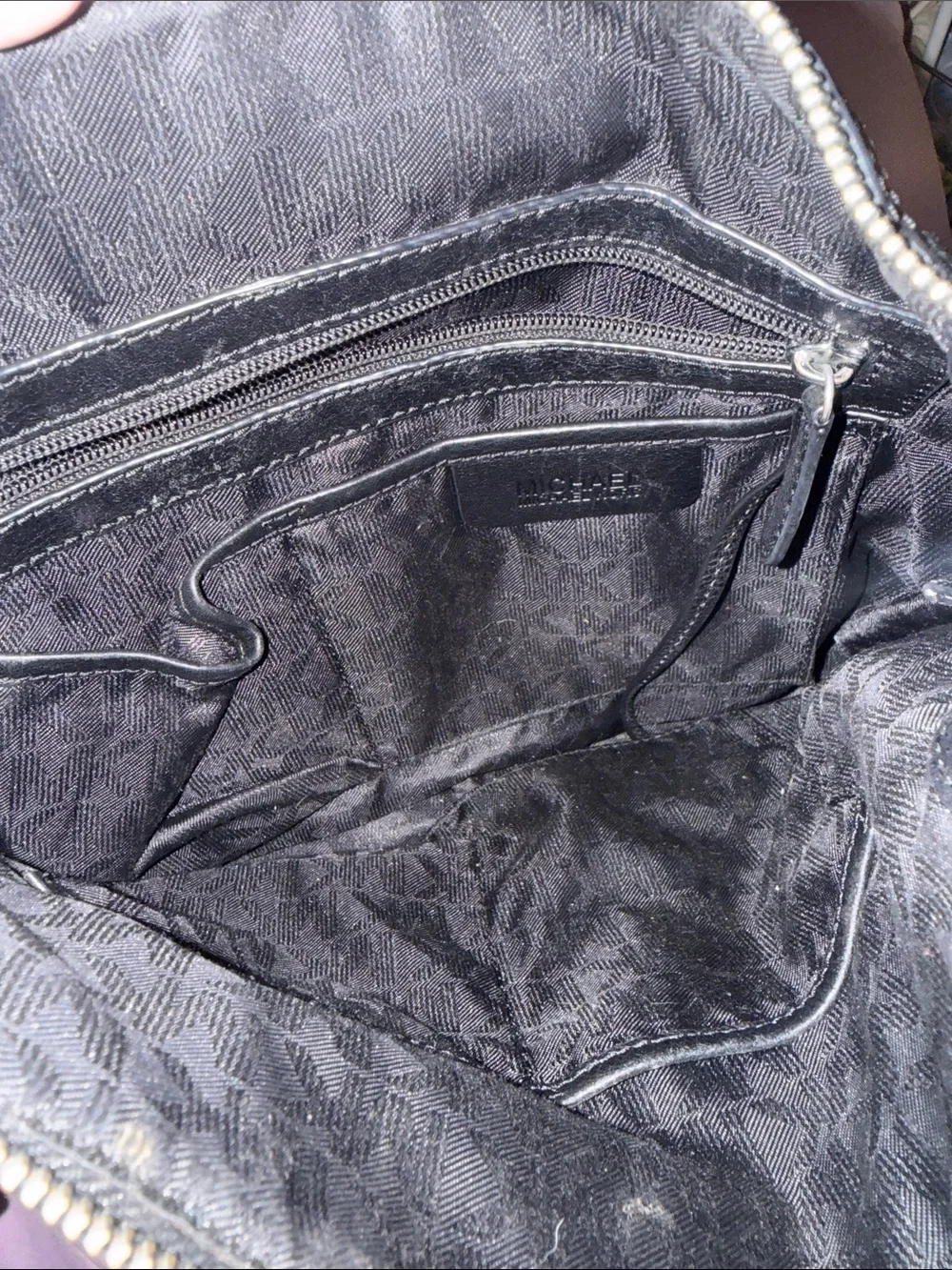 Michael Kors Black Logo-Print Leather Shoulder Bag with Silver Hardware